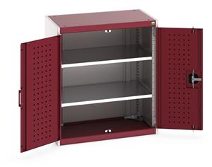 40012115.** Heavy Duty Bott cubio cupboard with perfo panel lined hinged doors. 800mm wide x 525mm deep x 900mm high with 2 x100kg capacity shelves....